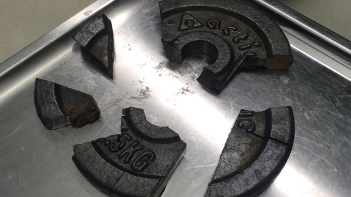 Firefighters in Worms, Germany, cut this weight off a man’s penis Friday after he somehow got it stuck at a gym.