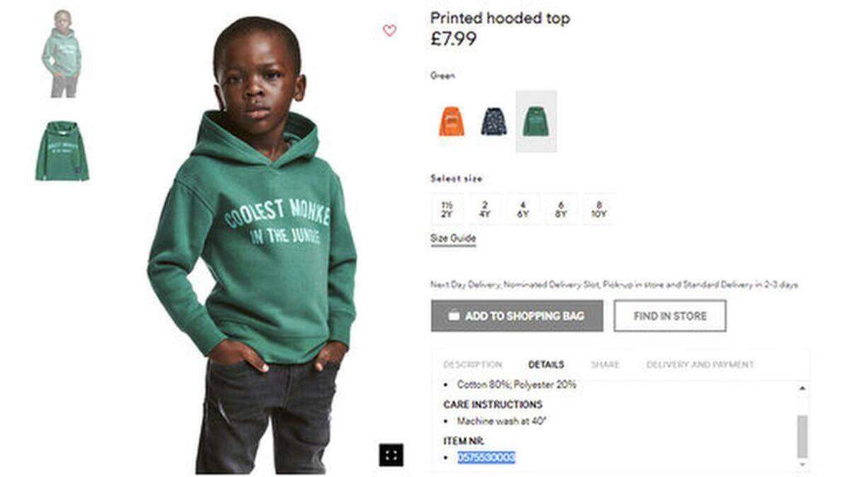 An undated photo of an advert for a hoodie by H&M. Clothing giant H&M has apologized Monday, Jan. 8, 2017, and removed an advertising image of a black model in a sweatshirt with the words “Coolest monkey in the jungle.’’ The brand removed the image, but kept in place other designs modeled by white children.