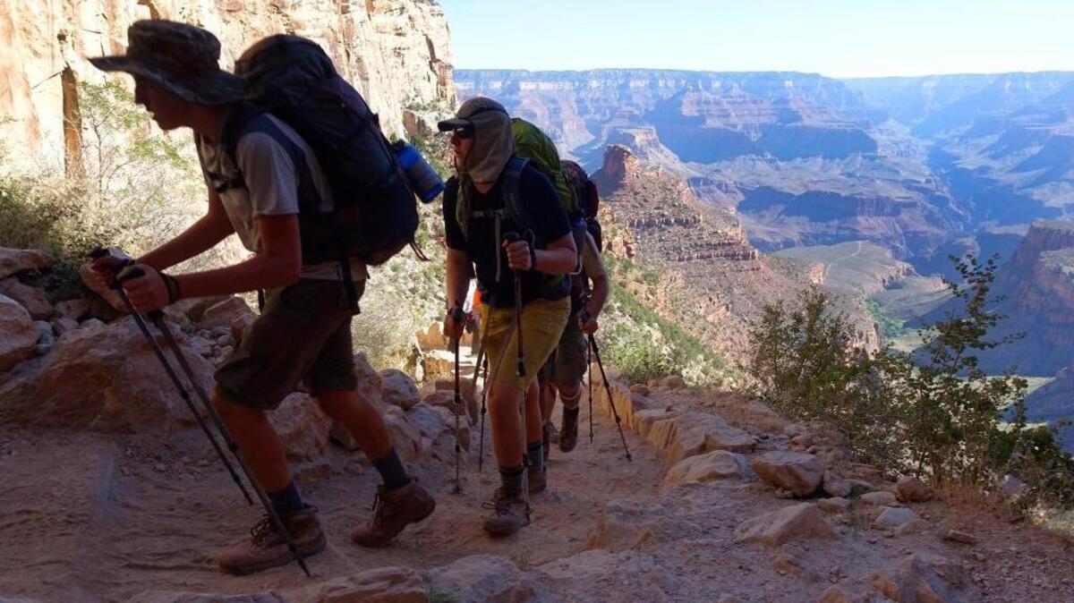 FILE - In this July 27, 2015, file photo, a long line of hikers head out of the Grand Canyon along the Bright Angel Trail at Grand Canyon National Park, Ariz. #NationalTakeAHikeDay trended Friday on Twitter, used both literally and metaphorically.