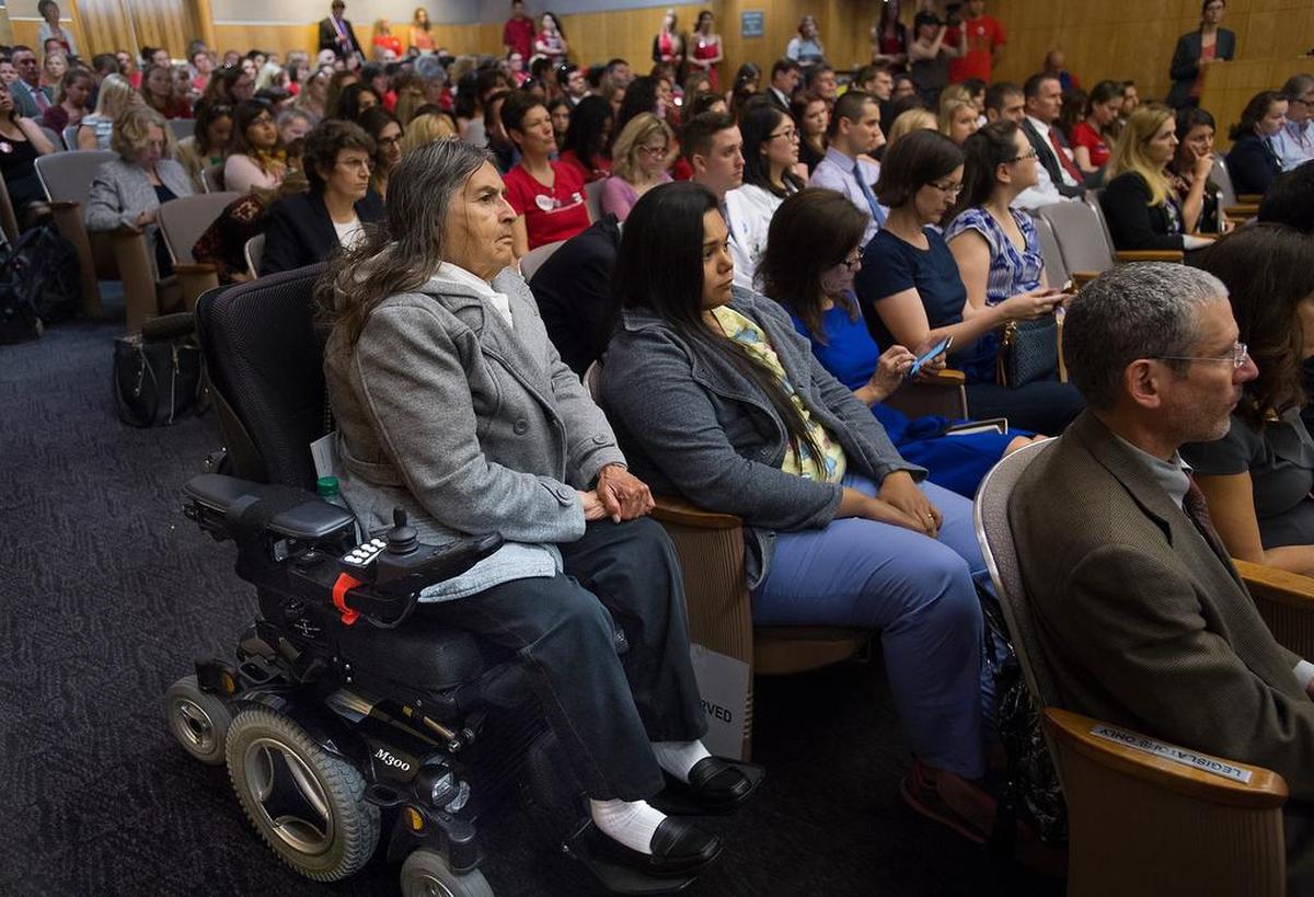 Ramona Garcia, who had polio as a child and is now in a wheelchair, prepares to testify Tuesday in favor of Senate Bill 277 .