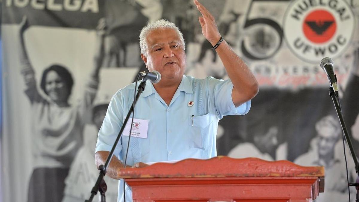 
Paul F. Chavez, son of Cesar Chavez and president of the Cesar Chavez Foundation, speaks at the 50th anniversary of the Delano Grape Strike on Saturday, in Delano. The anniversary marks the start of the Delano walkouts at “Forty Acres” near Delano, now a National Historic Landmark. Grape strikers, boycott veterans and delegations of farmworkers organizing and negotiating UFW contracts gathered to commemorate the day.
