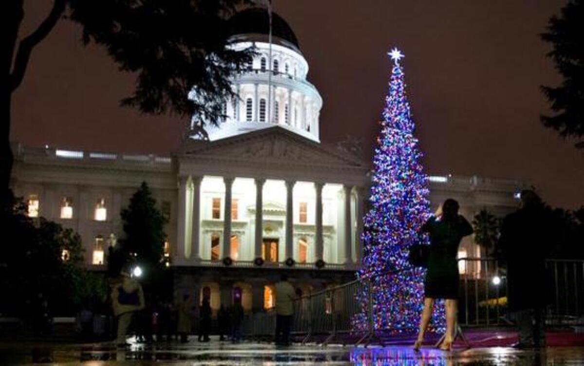 The 53-foot-tall white fir Capitol Christmas tree is reflected in rain puddles during the 83rd annual Capitol tree-lighting ceremony. Because of the day’s rainfall, the usual fa-la-la-la-la was moved inside.