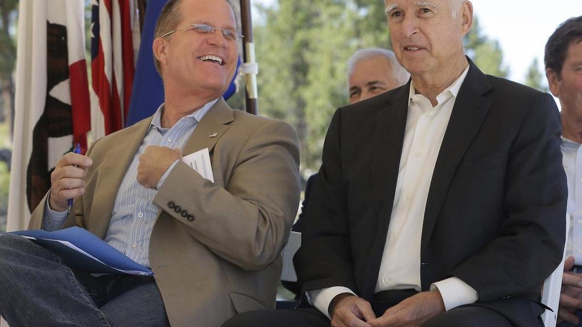 
Nevada Lt. Gov. Mark Hutchison, left, and California Gov. Jerry Brown attend the 19th Annual Lake Tahoe Summit at Zephyr Cove, Nev., on Monday.
