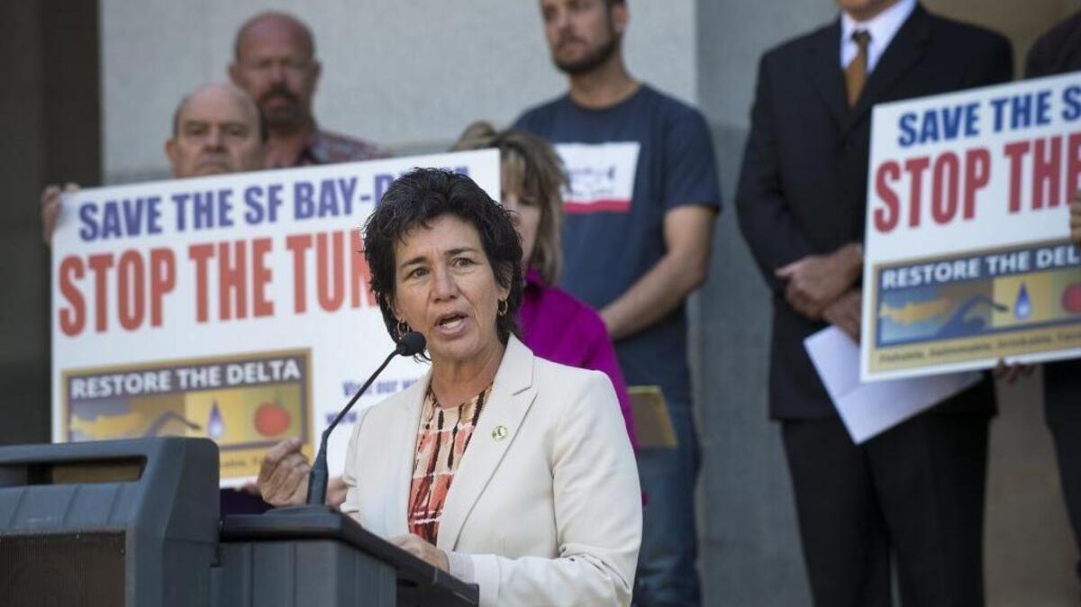 Assemblymember Susan Talamantes Eggman, D-Stockton, speaks on the north steps of the state Capitol in Sacramento in opposition of the state’s proposed Delta tunnel project on October 30, 2015.