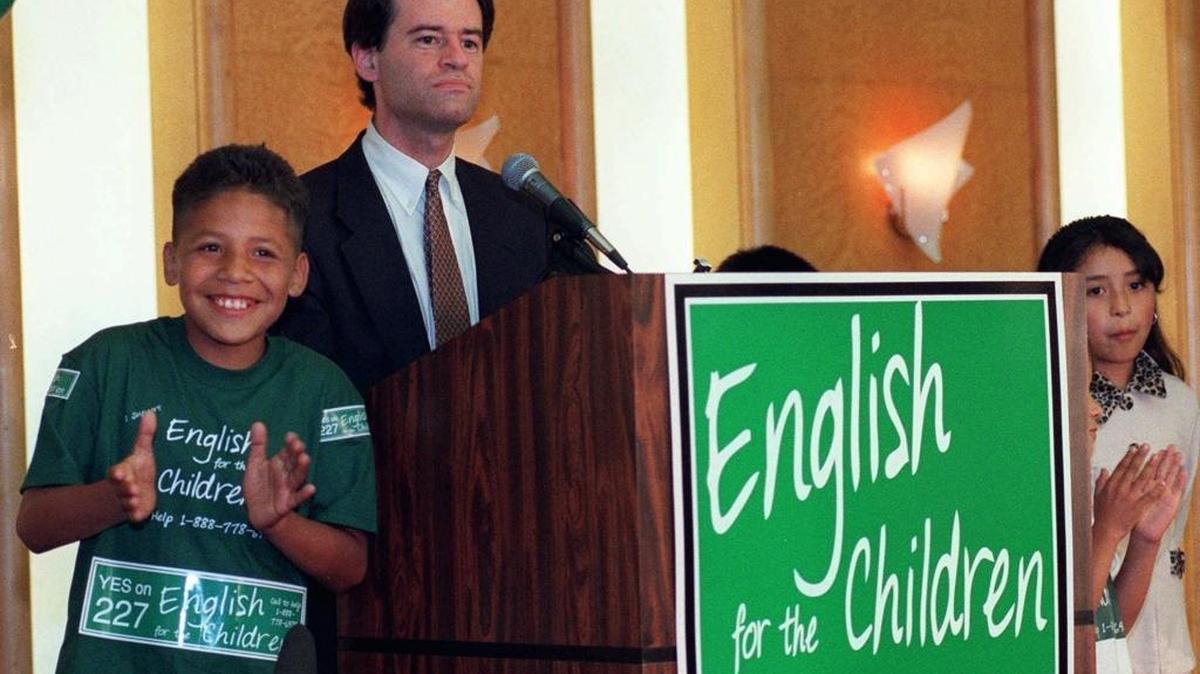 Proposition 227 author Ron Unz addresses the media and proponents of the proposal to end bilingual education in the state in Los Angeles on June 2, 1998. Prop. 227 passed by a wide margin in the primary election.