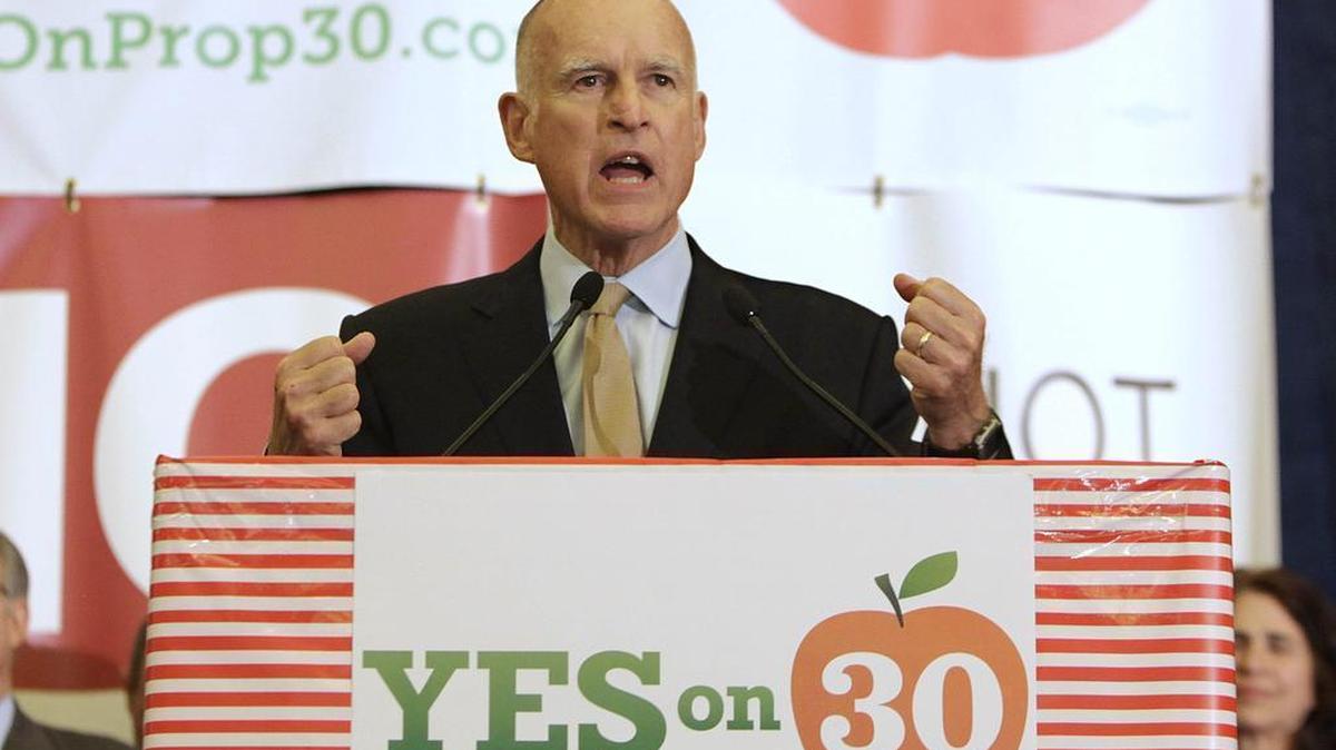 
Gov. Jerry Brown thanks supporters for their work on his temporary tax hike initiative, Prop. 30, in 2012.
