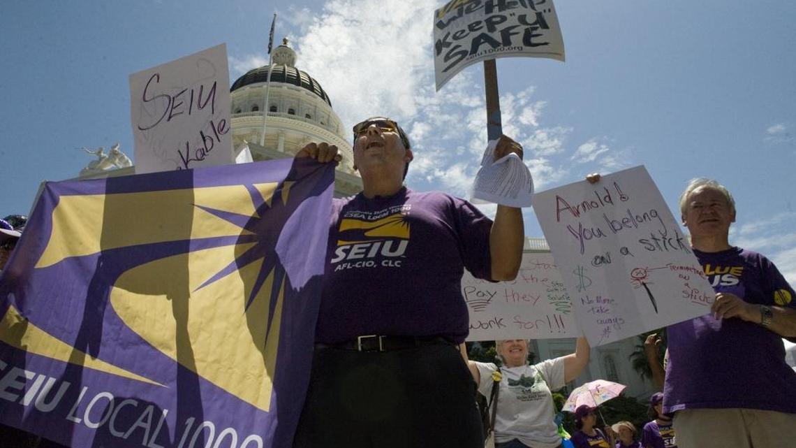 Manuel Rodriguez, a Wasco State Prison worker, joined fellow members of SEIU Local 1000 as they rallied at the Capitol on July, 1, 2009, to protest furloughs.