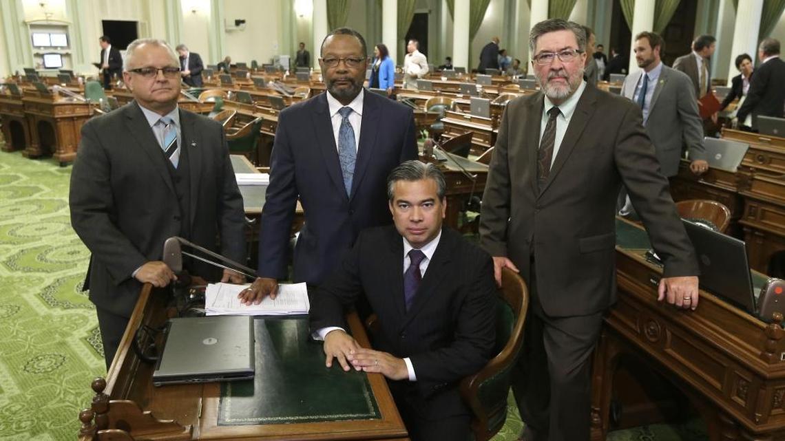
California Assemblymen, from left, Tom Lackey, R-Palmdale, Reginald Jones-Sawyer, D-Los Angeles, Rob Bonta, D-Oakland and Ken Cooley, D-Rancho Cordova, pose at the Capitol in Sacramento. They authored the pot bills.
