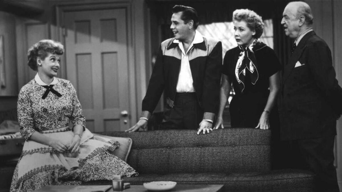 Lucille Ball, left, appears in a scene from “I Love Lucy” with cast members Desi Arnaz, center, Vivian Vance and William Frawley in this undated photo from the 1950s