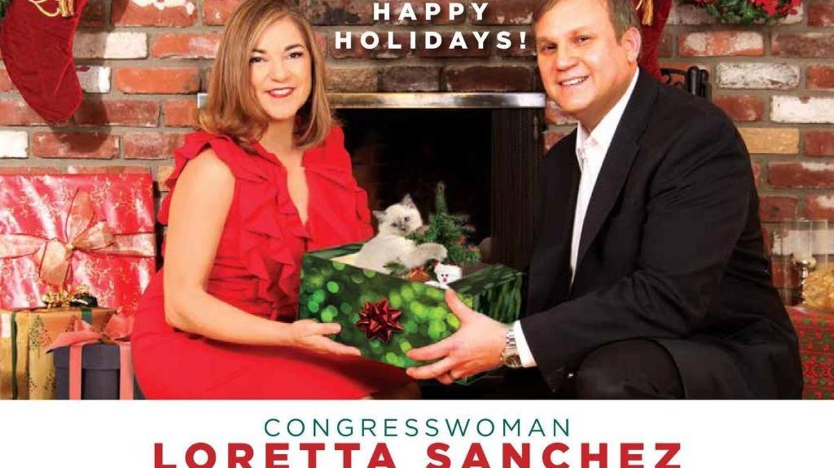 The front cover of Rep. Loretta Sanchez’s 2015 Christmas card, featuring husband Jack Einwechter.