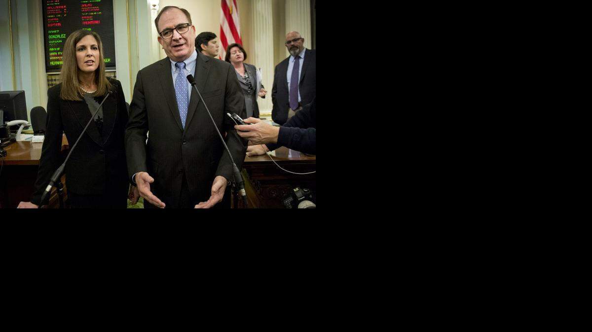 
Senate Republican Leader Bob Huff, with Assembly Republican Leader Kristin Olsen, talk to reporters in January at the state Capitol. Huff has taken steps to run for the Los Angeles County Board of Supervisors.
