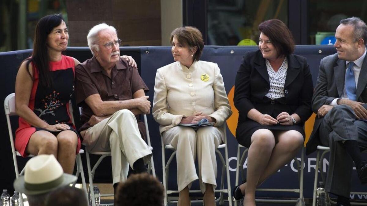 
John Burton, chairman of the California Democratic Party, is joined by House Minority Leader Nancy Pelosi, Assembly Speaker Toni Atkins and former Senate President Pro Tem Darrell Steinberg at the opening of the state party’s headquarters in downtown Sacramento last June.
