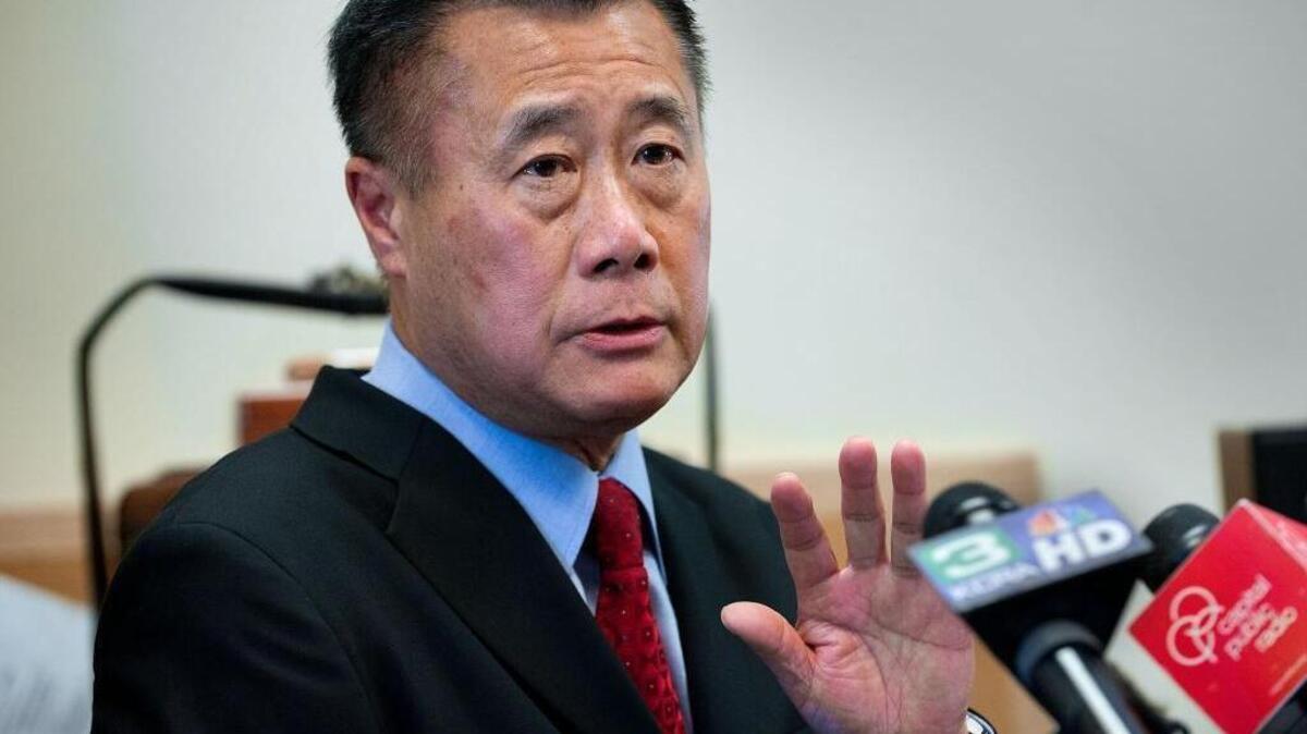 State Sen. Leland Yee, D-San Francisco, speaks to members of the press in his office at the Capitol on Feb. 14, 2013.