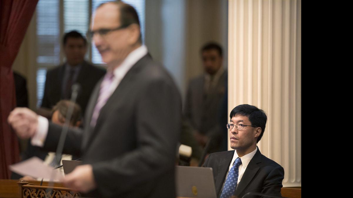 
Sen. Richard Pan, D-Sacramento, right, listens to Senate Minority Leader Bob Huff discuss SB277 at the state Capitol in May . Pan was a co-author of the measure requiring California schoolchildren to get vaccinated, which was signed by Gov. Jerry Brown. Huff was one of four senators who did not cast a vote on the bill.
