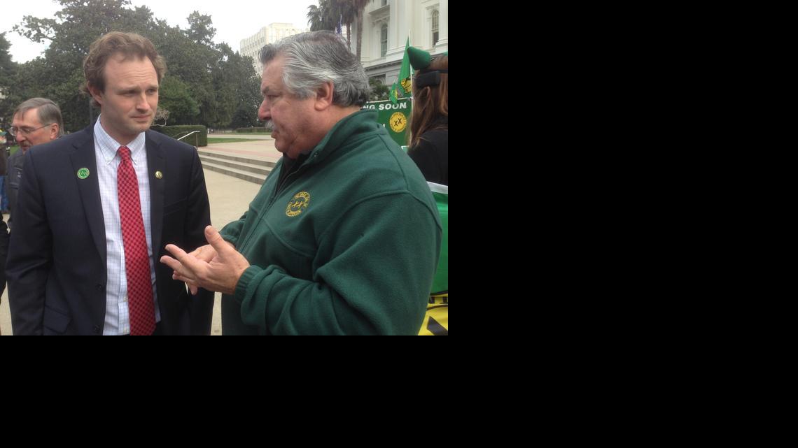 
Assemblyman James Gallagher, R-Yuba City, speaks with State of Jefferson organizer Terry Rapoza before a rally on the Capitol steps Thursday.
