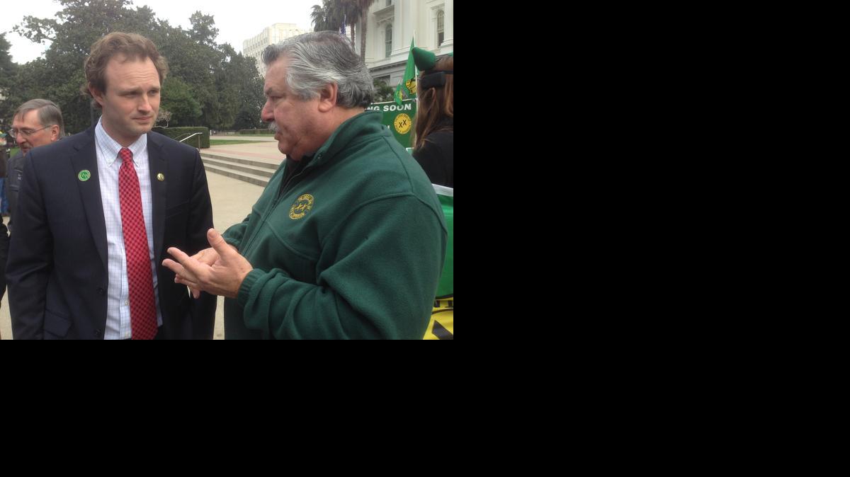
Assemblyman James Gallagher, R-Yuba City, speaks with State of Jefferson organizer Terry Rapoza before a rally on the Capitol steps Thursday.
