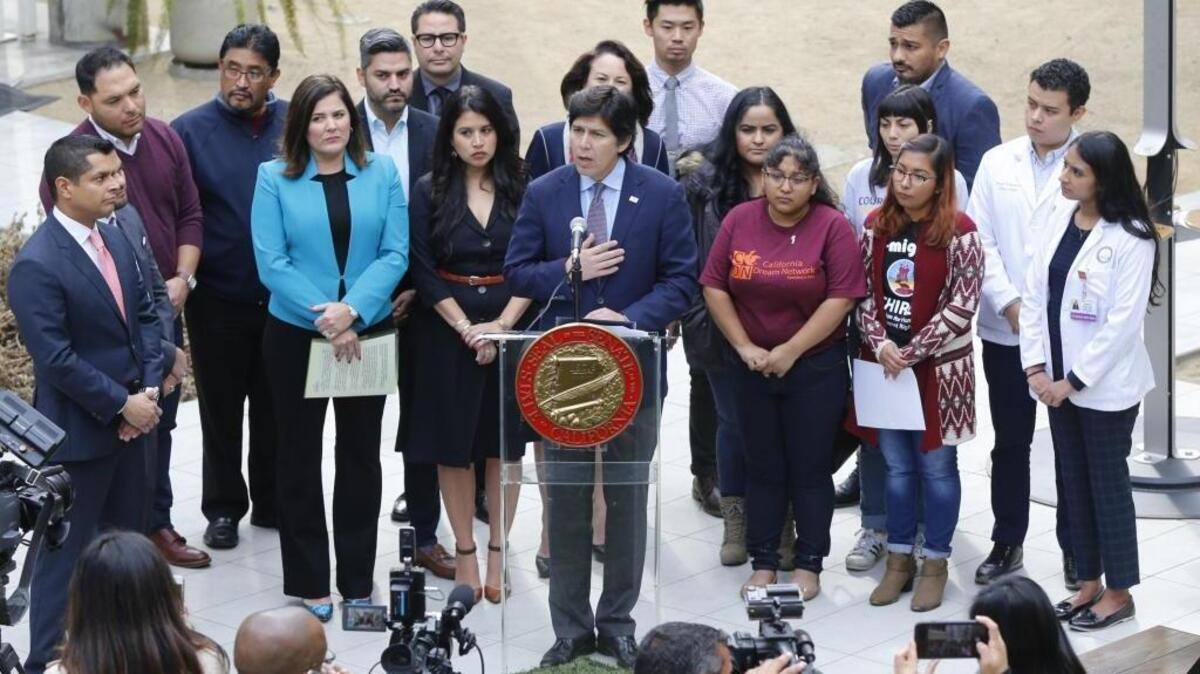 Senate President Pro Tem Kevin de Leon (D-Los Angeles), center at podium, holds a news conference in support of the DREAM Act.