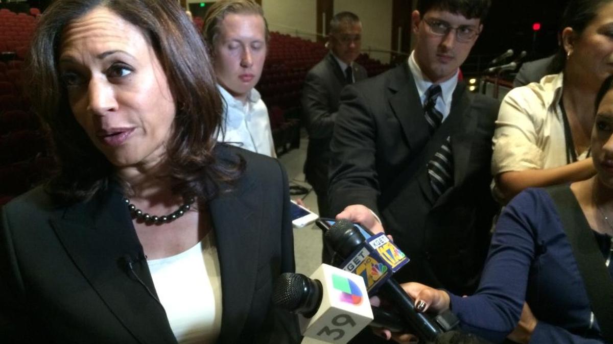 U.S. Senate candidate Kamala Harris speaks to reporters in Bakersfield on May 21, 2016.