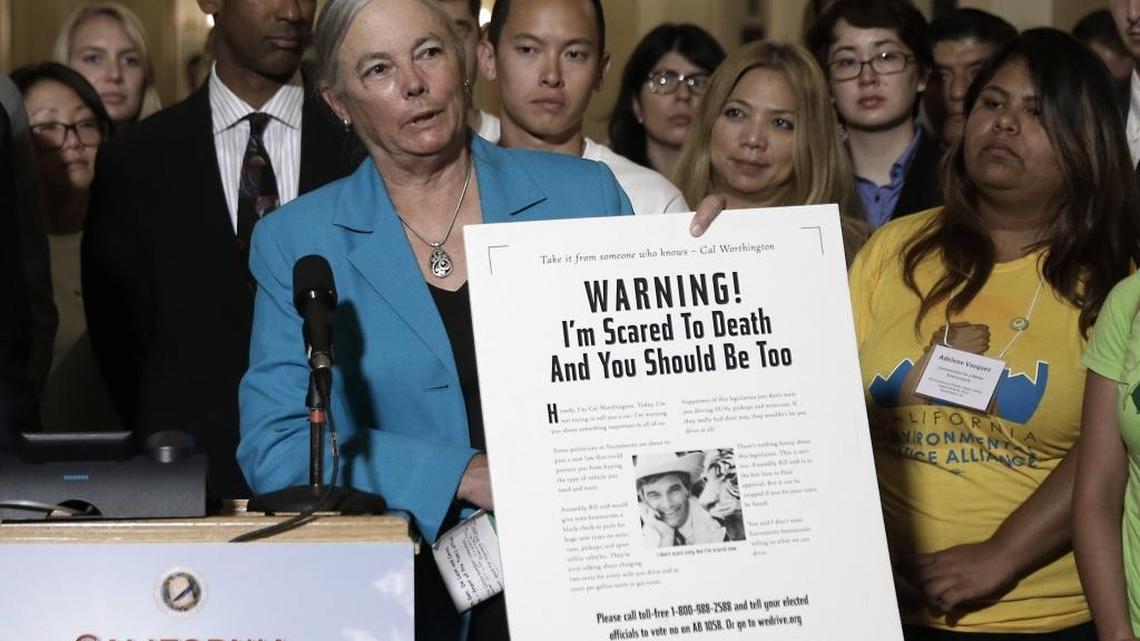 
State Sen. Fran Pavley, D-Agoura Hills, displays an advertisement used against her 2006 greenhouse gas measure during a news conference on Tuesday, Aug. 25, 2015, in Sacramento, Calif.
