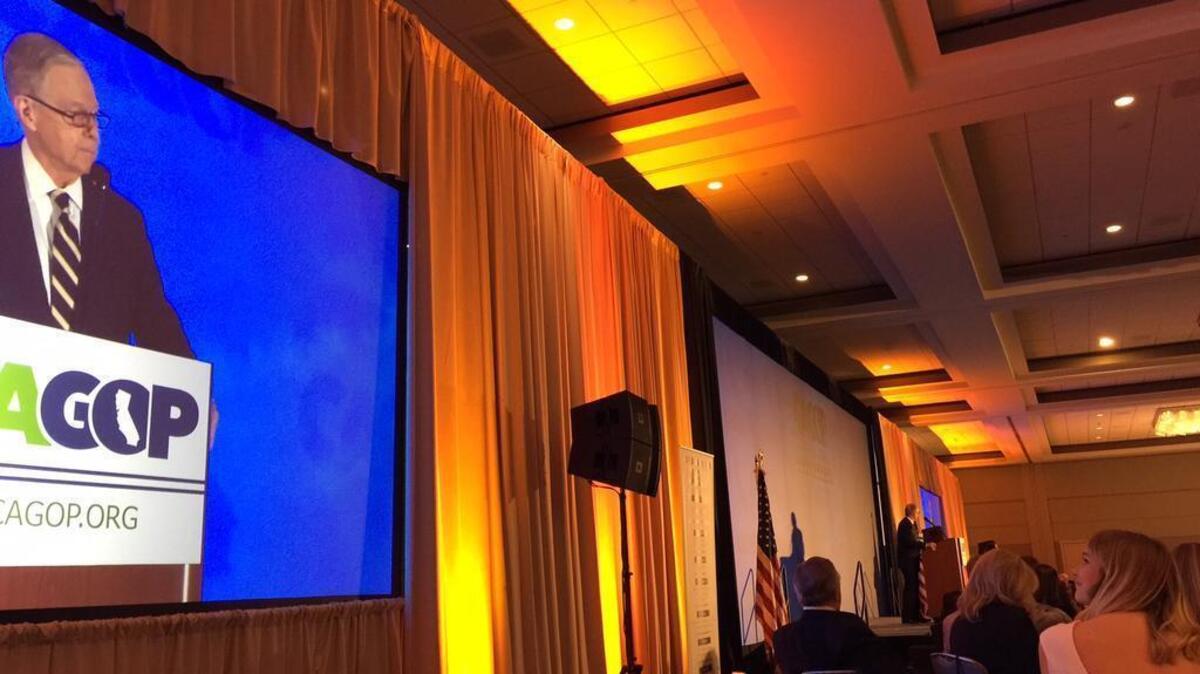 Former Gov. Pete Wilson addresses delegates at the California Republican Party convention in Burlingame on April 30, 2016.