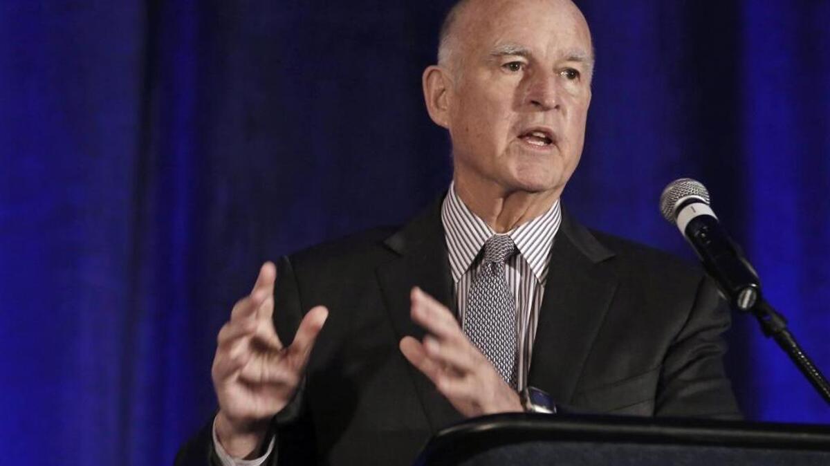 Gov. Jerry Brown speaks at the Association of California Water Agencies conference, in Sacramento.