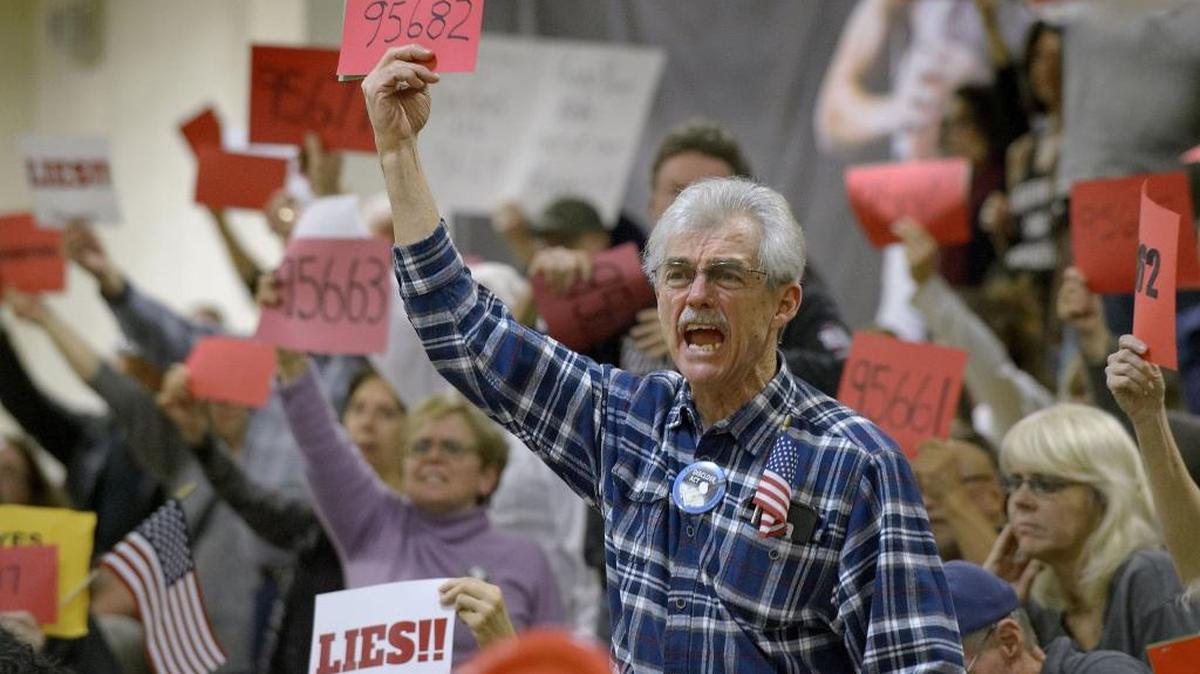 A boisterous crowd attends a town hall meeting with Congressman Tom McClintock at Oak Ridge High School in El Dorado Hills on March 4. Rep. Doug LaMalfa is hosting a town hall in Grass Valley on Saturday.