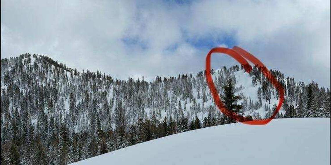 A newly released photograph by the Sierra Avalanche Center shows the ridgeline where snow gave way in the deadly Feb. 17 avalanche. The photograph of the ridge was taken before the incident, according to the Center. The red circle was imposed on the photograph by the Center, whose employees visited the avalanche site over the weekend.