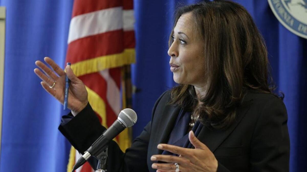 California Attorney General Kamala Harris answers questions about a settlement with Volkswagen during a news conference o June 28, 2016, in San Francisco.