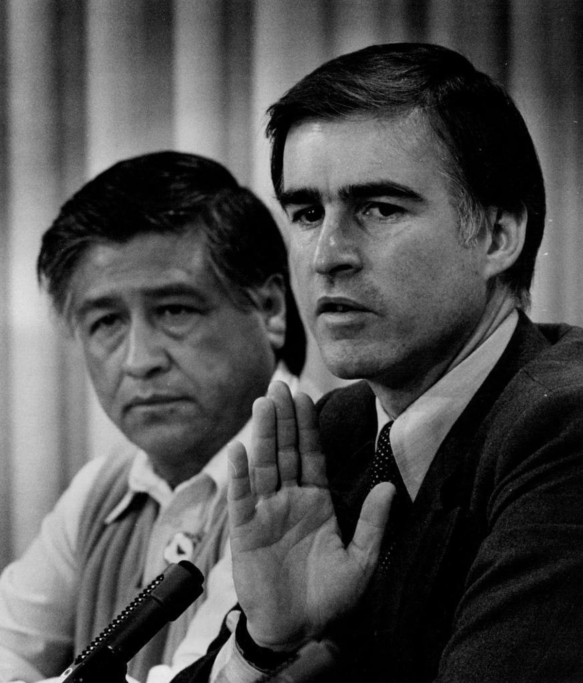 Cesar Chavez, left, and Gov. Jerry Brown during Brown’s first round as governor.