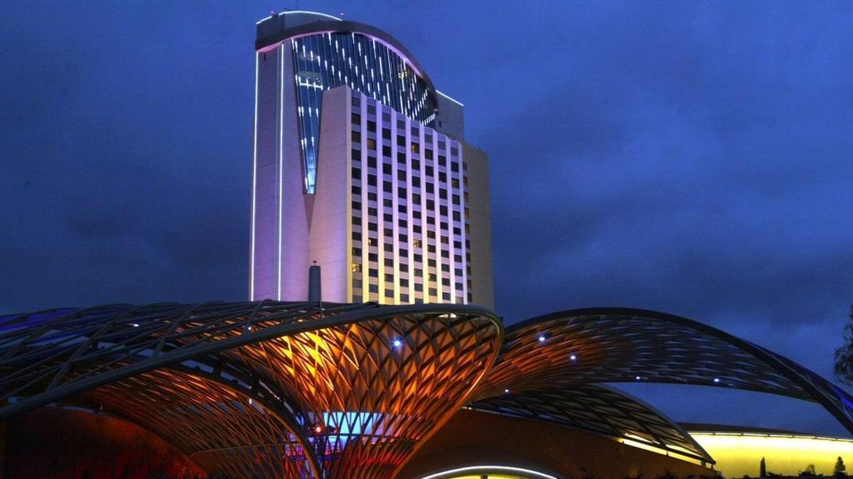 The sun sets on the Morongo Casino Resort Spa in Cabazon, Calif., in 2005. The leader of the wealthy Riverside County tribe has raised concerns about fantasy sports legislation.