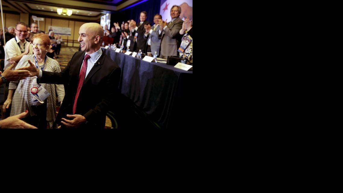 
Republican candidate for California governor Neel Kashkari greets supporters after speaking at the California GOP convention Sept. 21, 2014 in Los Angeles. Kashkari’s campaign spent $7.1 million last year, new reports show; Karshkari contributed more than $3 million of his own money to his campaign.
