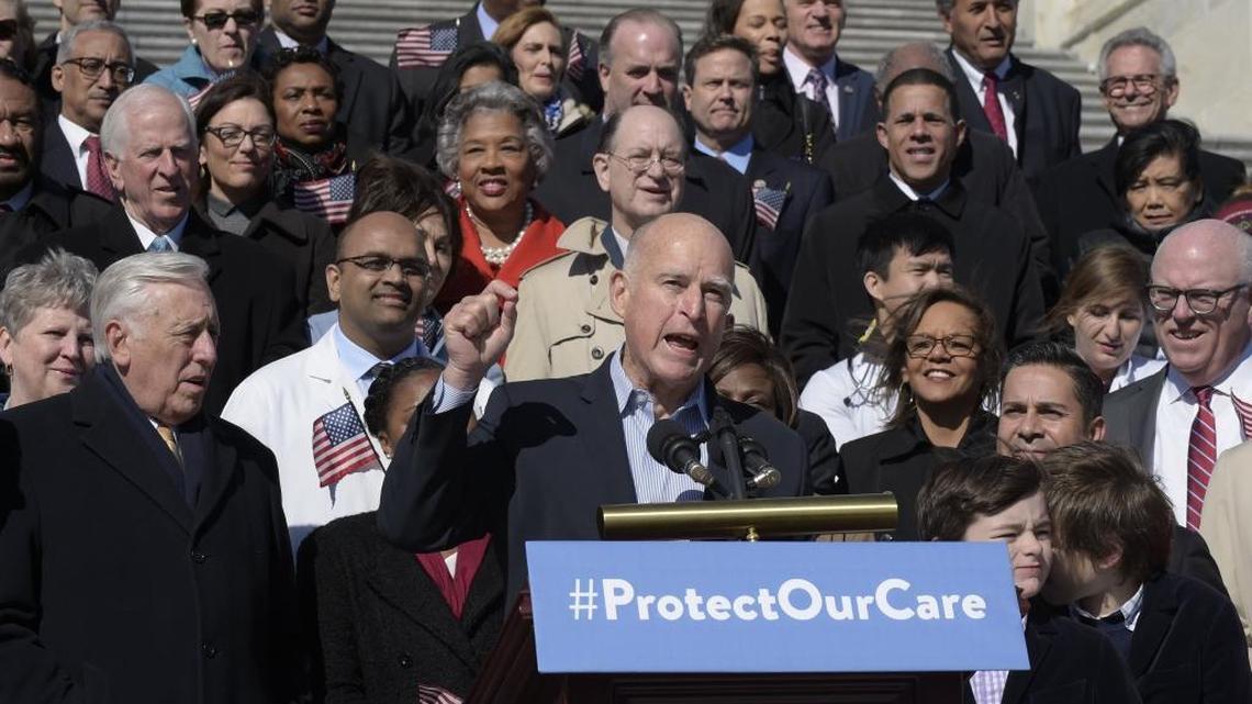 Gov. Jerry Brown speaks on Capitol Hill in Washington on Wednesday, March 22, 2017, during an event marking seven years since former President Barack Obama signed the Affordable Care Act.