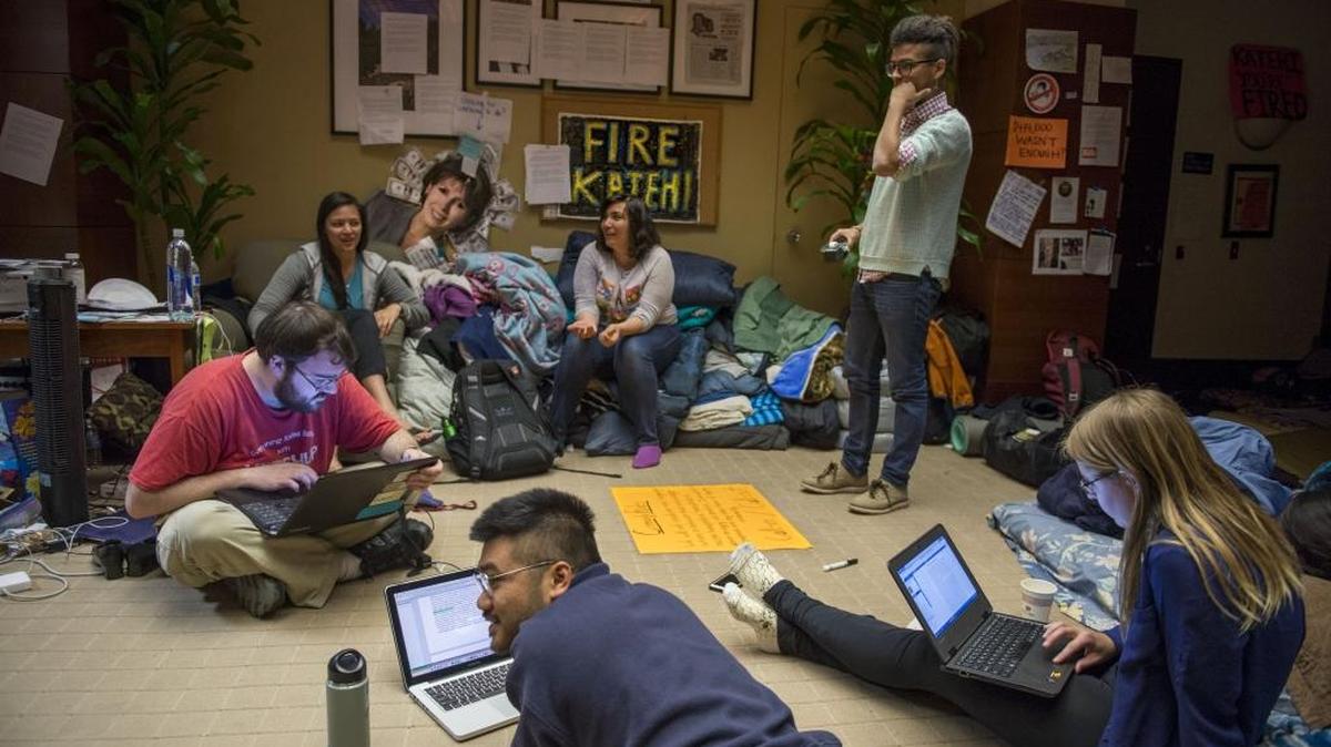 A group of UC Davis students, whose main goal is to see Chancellor Katehi fired, occupy the area outside her office, Tuesday, March 29, 2016, on the fifth floor of Mrak Hall.