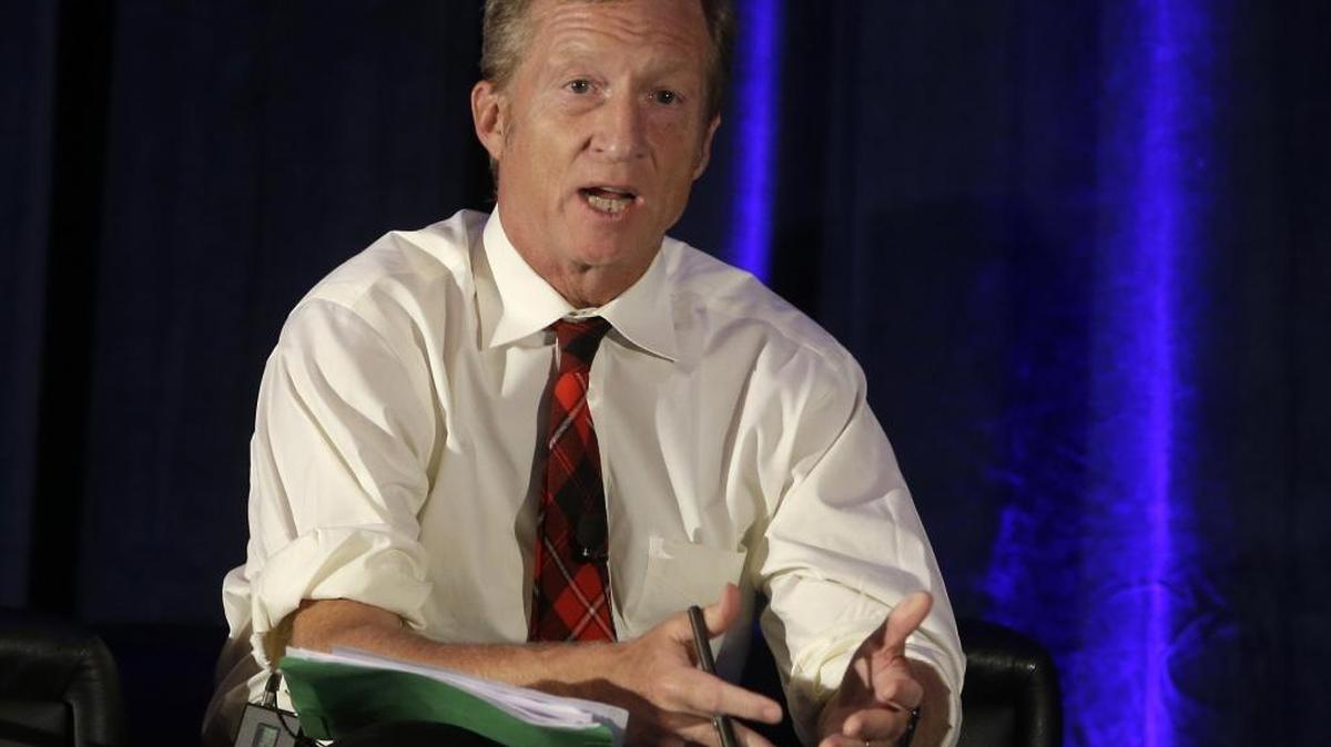 In this Oct. 7, 2015, file photo, billionaire environmentalist Tom Steyer discusses climate change at a symposium in Sacramento, Calif.