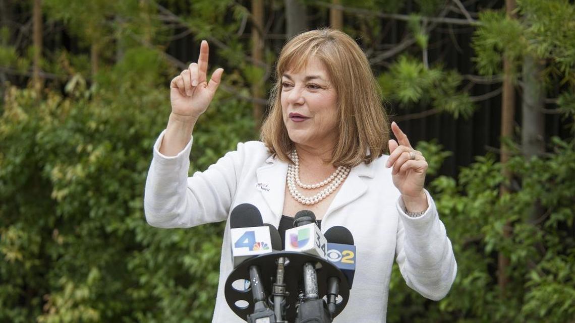 U.S. Rep. Loretta Sanchez speaks after voting at Orange High School on June 7.