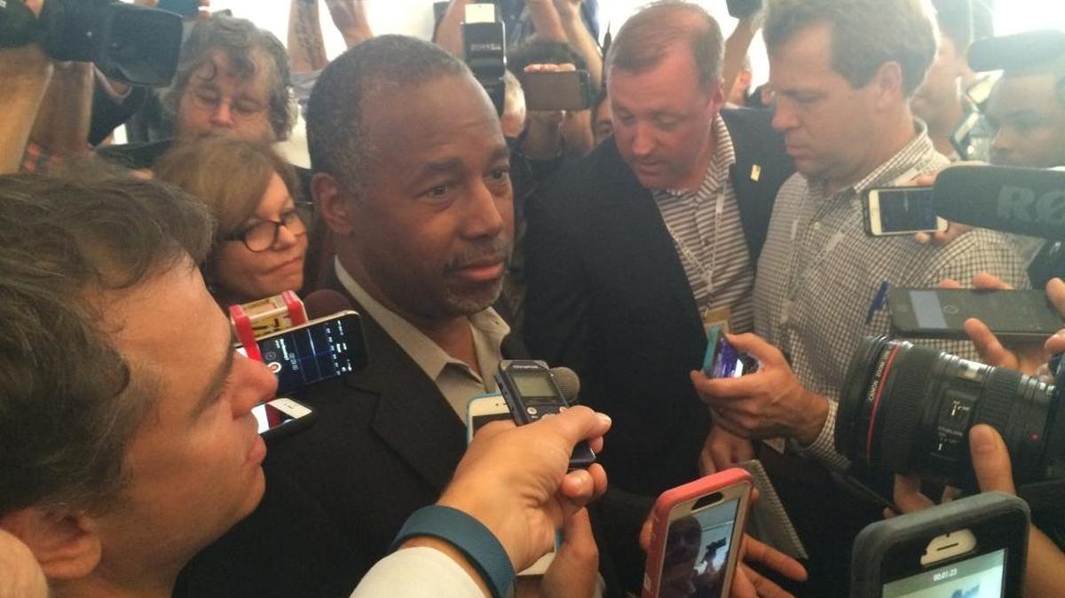 
Republican presidential candidate Ben Carson speaks to reporters before a presidential debate in Simi Valley on Sept. 16, 2015.
