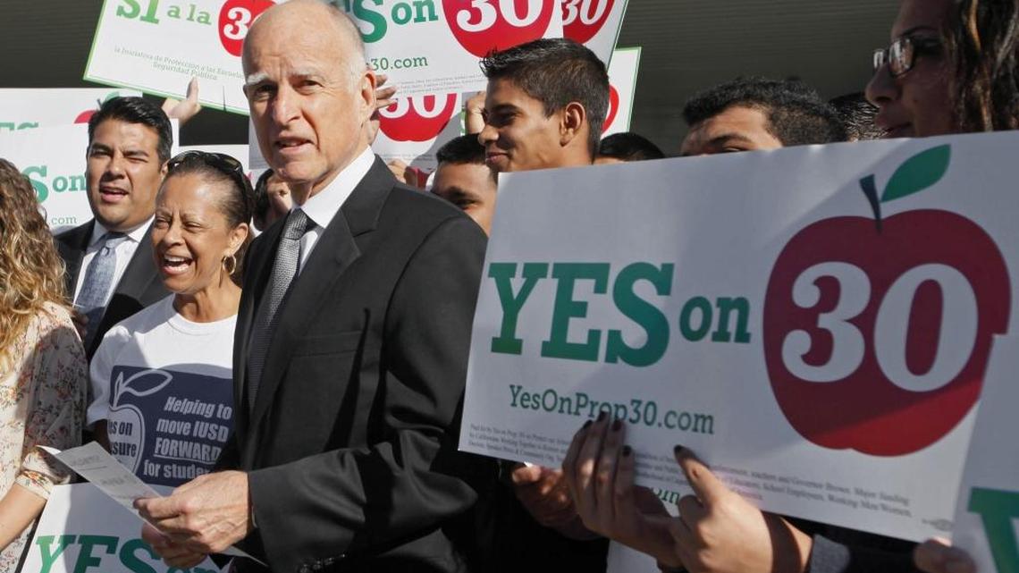 
Gov. Jerry Brown speaks at a rally in favor of Proposition 30, a tax increase initiative on the November 2012 ballot measure to stave off $6 billion in automatic spending cuts to schools.

