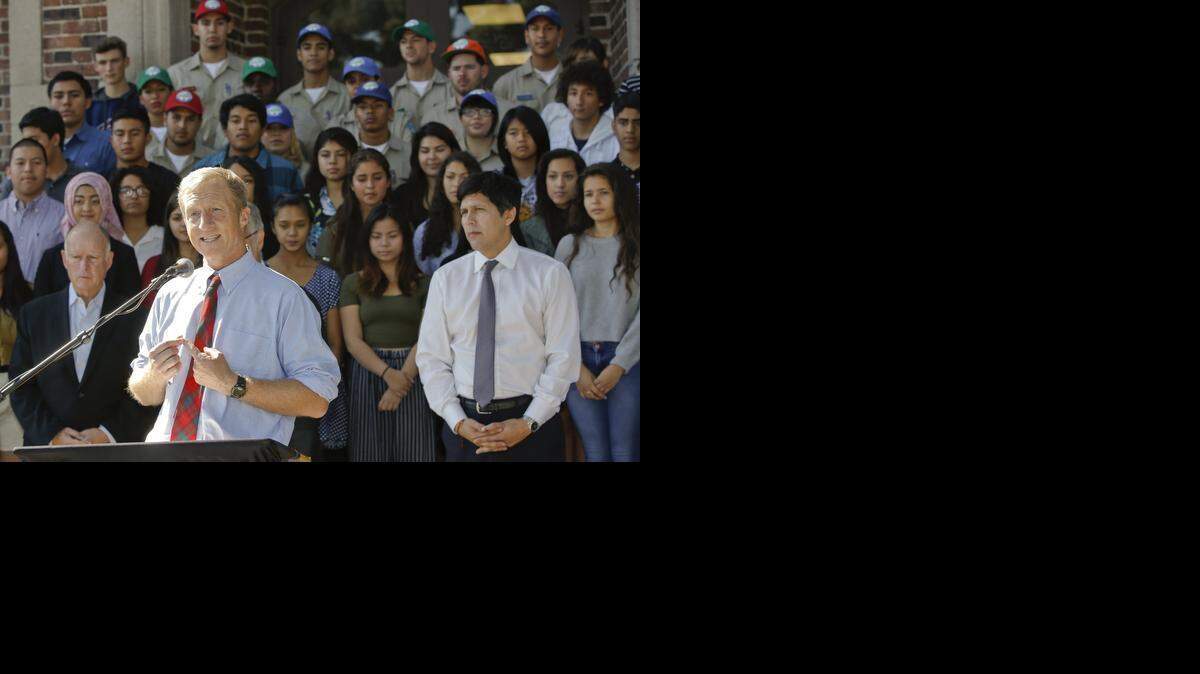 
Tom Steyer, shown in October at John Marshall High School in Los Angeles, was co-chairman and a major funder of California’s Proposition 39, approved by voters in 2012. Marshall High was approved for $1.8 million in Prop. 39-related energy projects.
