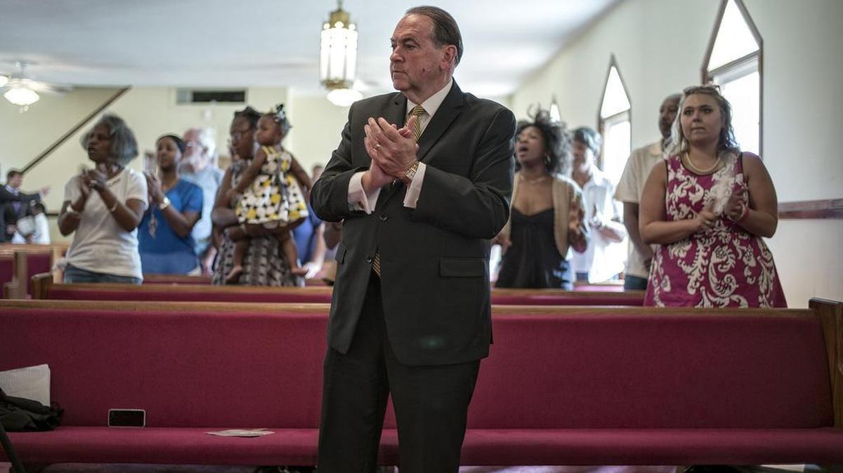 
Republican presidential candidate and former Arkansas governor Mike Huckabee attends the Faith and Freedom Sunday service at the Rock Hill Missionary Baptist Church in Manning, S.C. Illustrates HUCKABEE (category a) by Philip Rucker (c) 2015, The Washington Post. Moved Tuesday, July 28.
