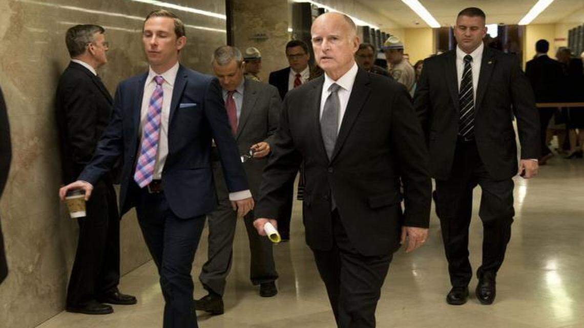 
Gov. Jerry Brown returns to his office after unveiling the 2015-16 state budget at the Capitol in Sacramento last month.

