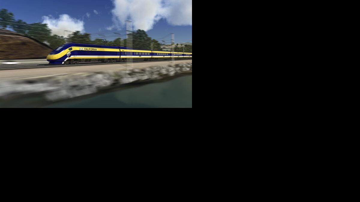 
This image shows an artist’s rendering of a high-speed train speeding along the California coast.
