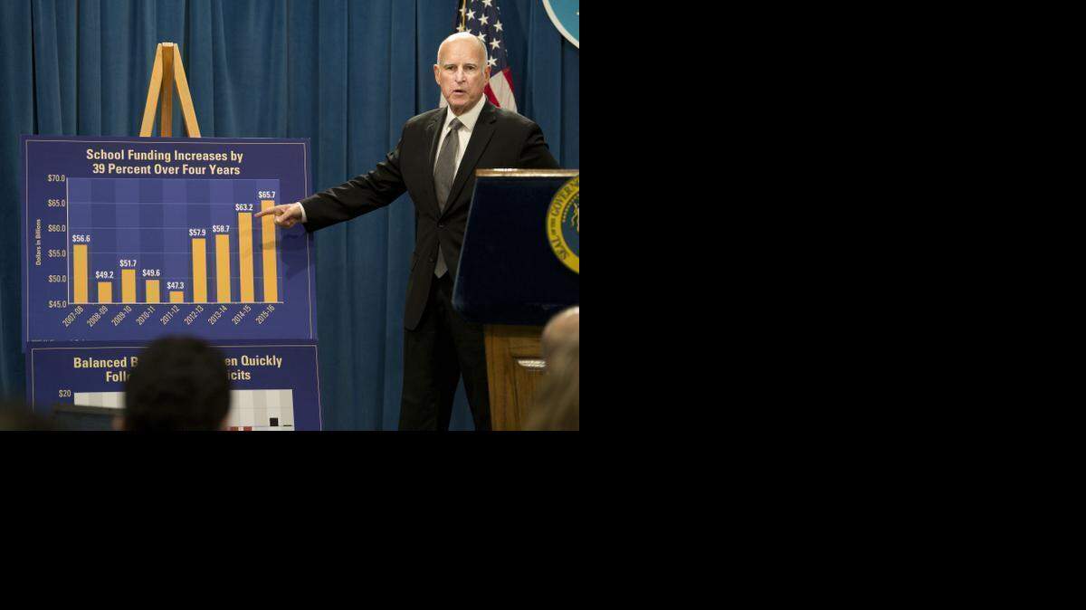 
Gov. Jerry Brown unveils the 2015-16 state budget at the Capitol in Sacramento on Friday, Jan. 9, 2015.
