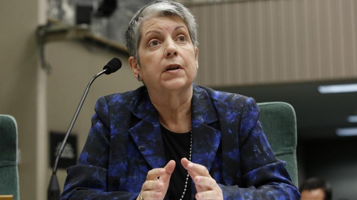 University of California President Janet Napolitano responds to a question while appearing before a legislative committee on May 2, 2017.