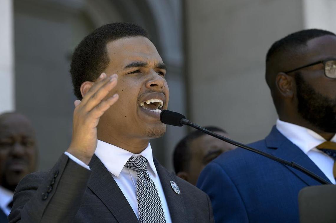 National Action Network San Diego Chapter President Rev. Shane Harris speaks to members of the press following a hearing of AB 284 at the state Capitol in Sacramento on Tuesday, July 11, 2017. Senate Public Safety committee held a hearing two bills, AB 284 to require a study of police-involved shootings and AB 748 that limits agencies' discretion to release police videos.
