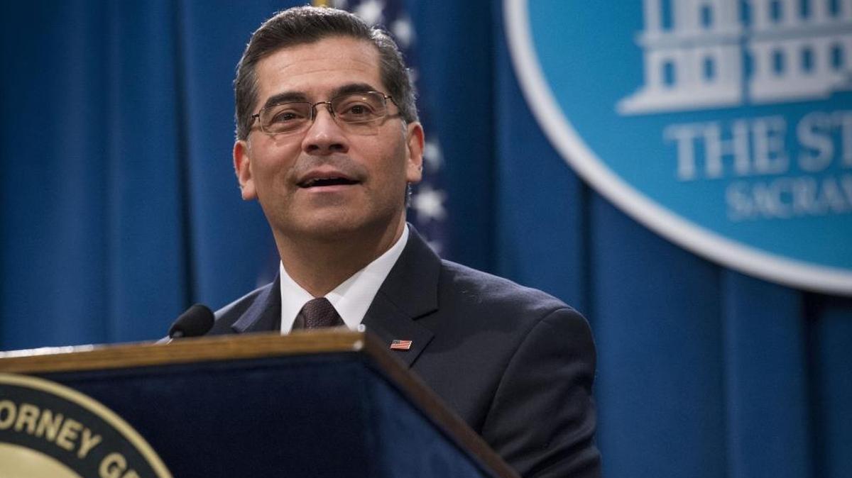 Attorney General Xavier Becerra gives his first press conference after he was sworn in as California attorney general in January. Becerra has sued the U.S. Department of the Interior.