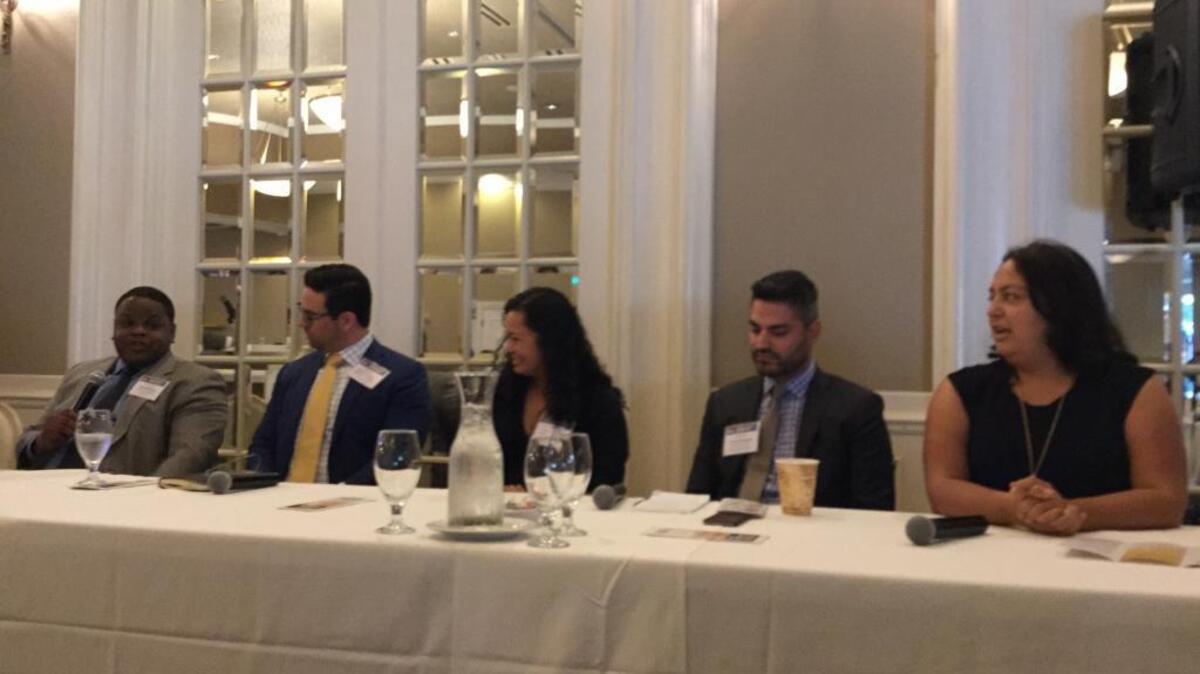From left to right: Janus Norman of the California Medical Association, Chris Patterson of California Professional Firefighters, Laiza Garcia of the California Association of Realtors, Carlos Marquez of the California Charter Schools Association and Alma Hernandez of the Service Employees International Union address legislative candidates in Sacramento on Tuesday, Oct 20, 2015.