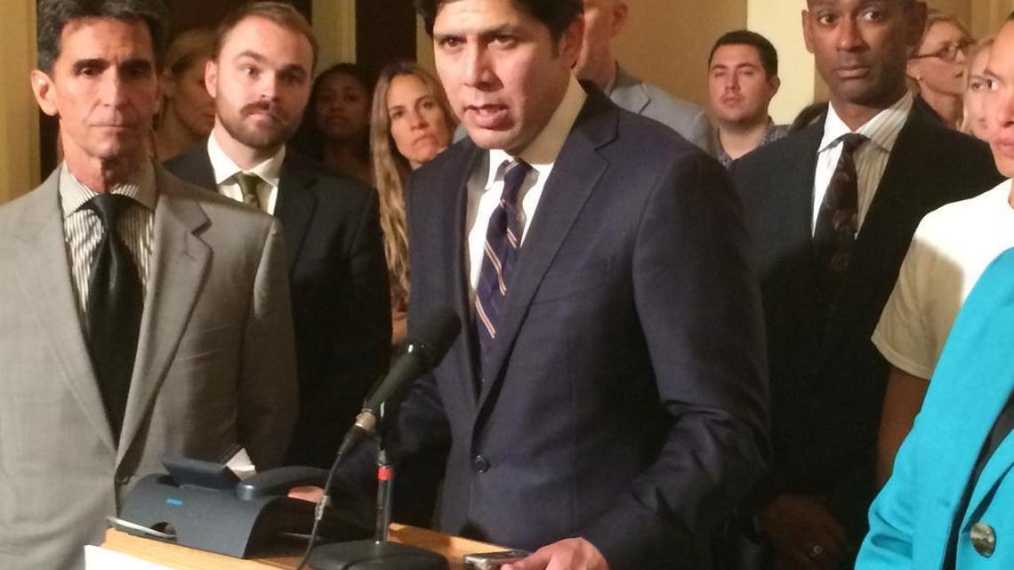 
Senate President Pro Tem Kevin de León speaks to reporters in Sacramento on Tuesday.
