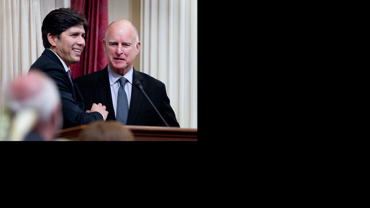 Senate President Pro Tem Kevin de León, D-Los Angeles, left, is seen Monday with Gov. Jerry Brown.