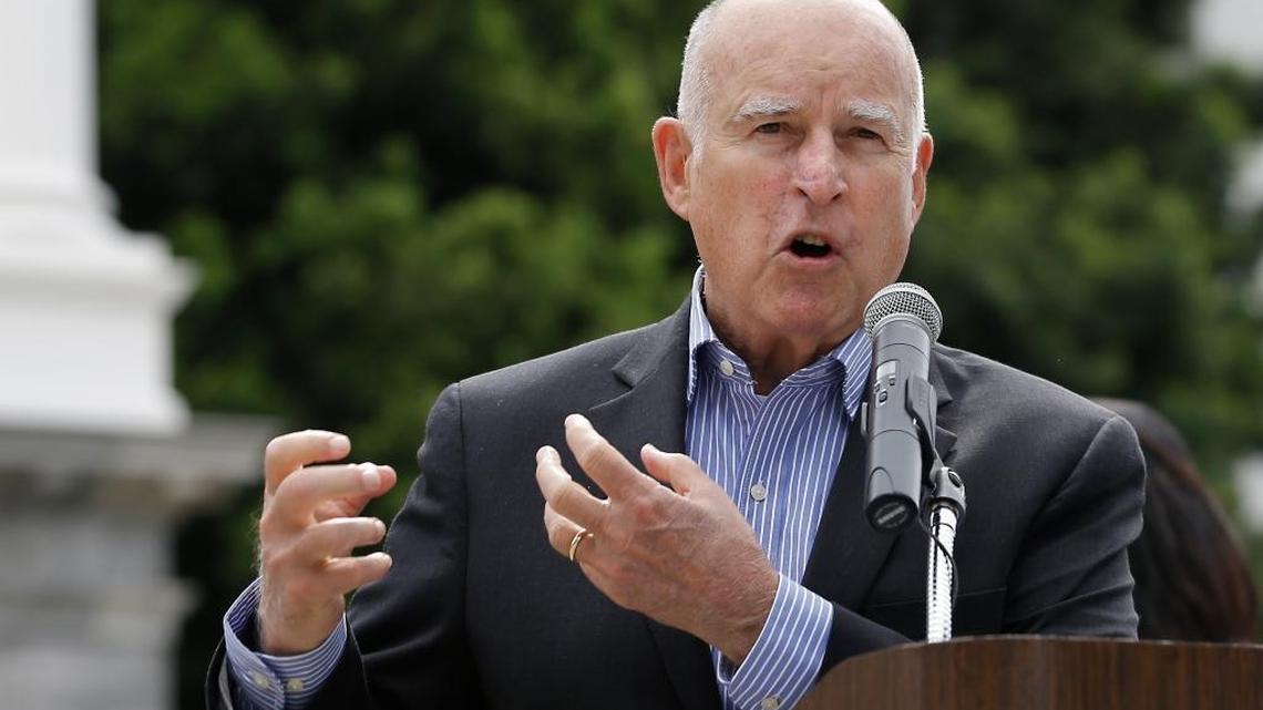 Gov. Jerry Brown addresses the crowd at a victims right rally Monday, April 9, 2018, in Sacramento, Calif. Brow, who has backed several measures to reduce criminal penalties has warned voters and lawmakers agates reappearing the changes.