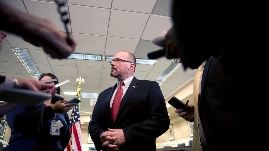 
Then-gubernatorial candidate Tim Donnelly talks to members of the press after he promoted a bill on concealed weapons permits court ruling on Monday, April 28, 2014.
